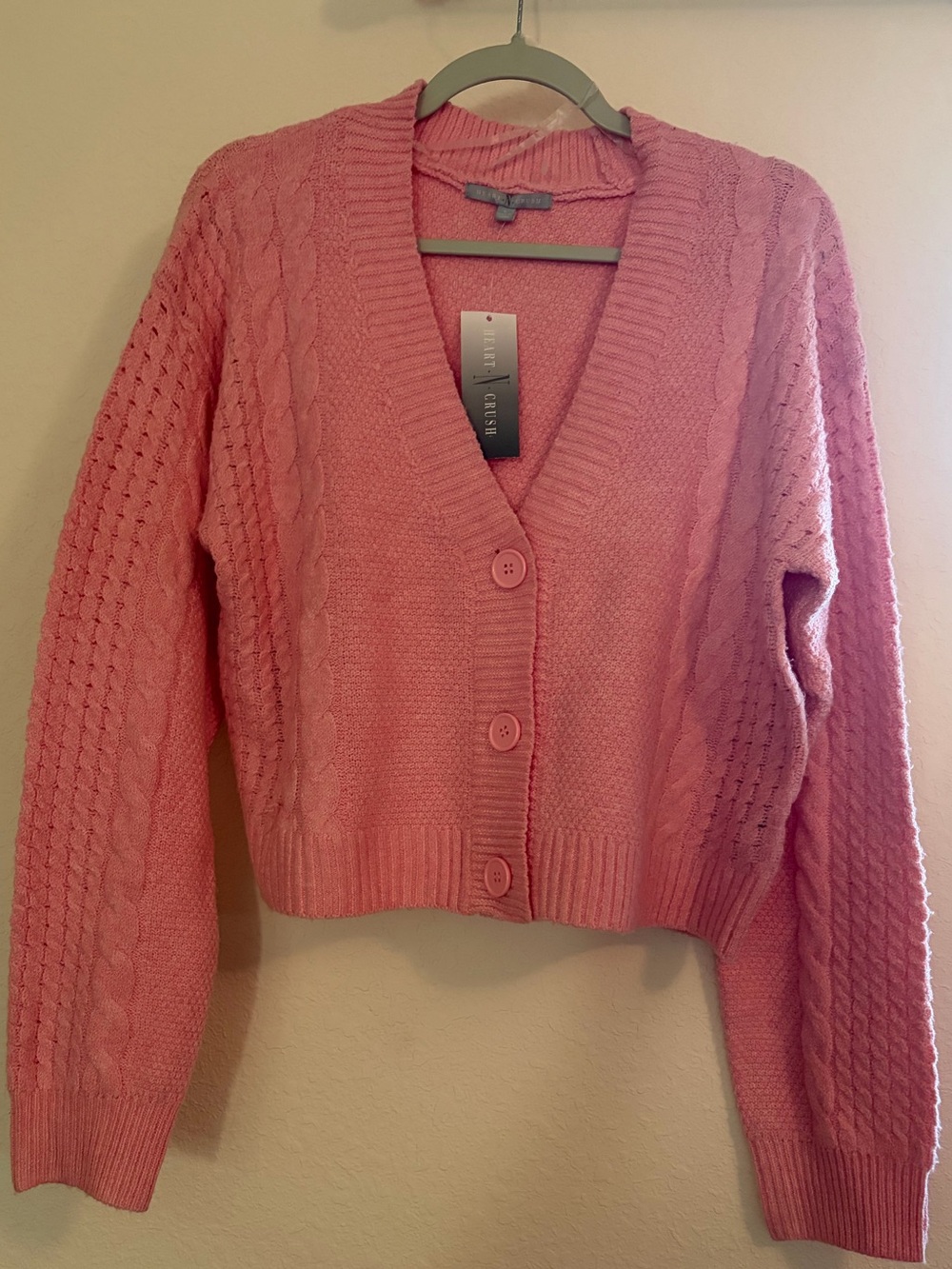 NWT Heart N Crush Light Pink V Neck Cable Knit Button Cardigan